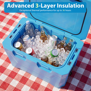 Insulated Portable Cooler Hard Shell Ice Chest with 2 Cup Holders Bottle Opener and Drain Plug-Blue