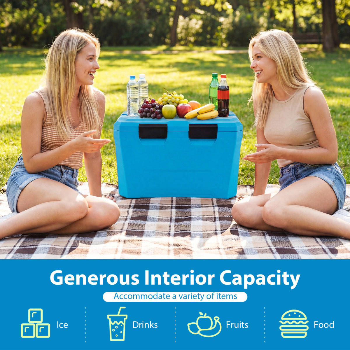 Insulated Portable Cooler Hard Shell Ice Chest with 2 Cup Holders Bottle Opener and Drain Plug-Blue
