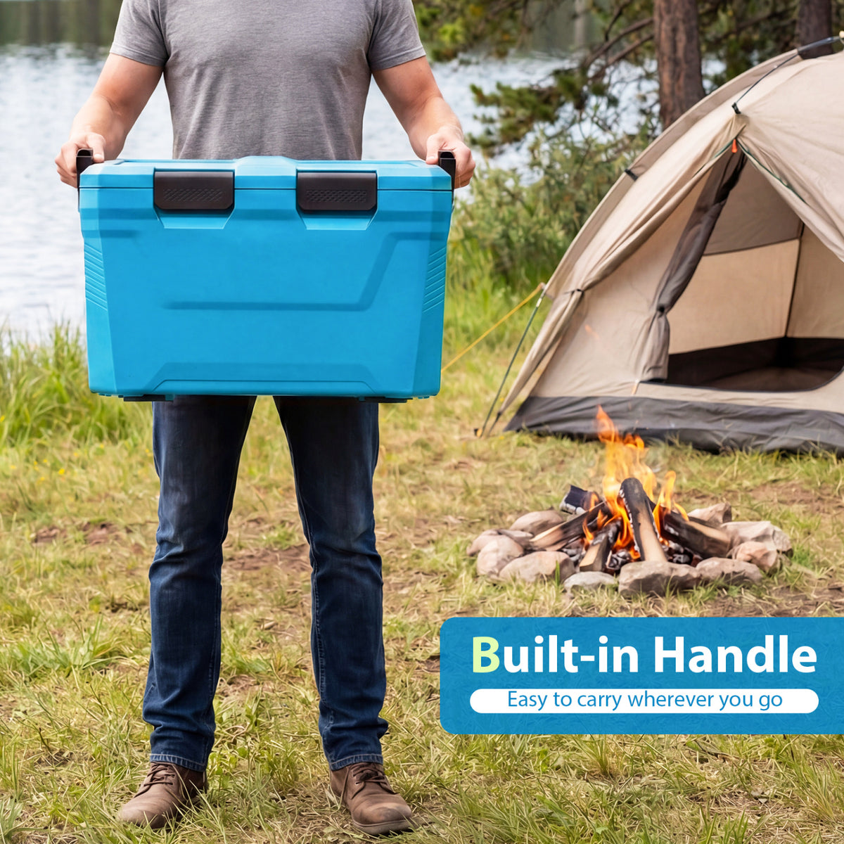 Insulated Portable Cooler Hard Shell Ice Chest with 2 Cup Holders Bottle Opener and Drain Plug-Blue