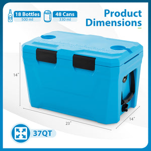Insulated Portable Cooler Hard Shell Ice Chest with 2 Cup Holders Bottle Opener and Drain Plug-Blue