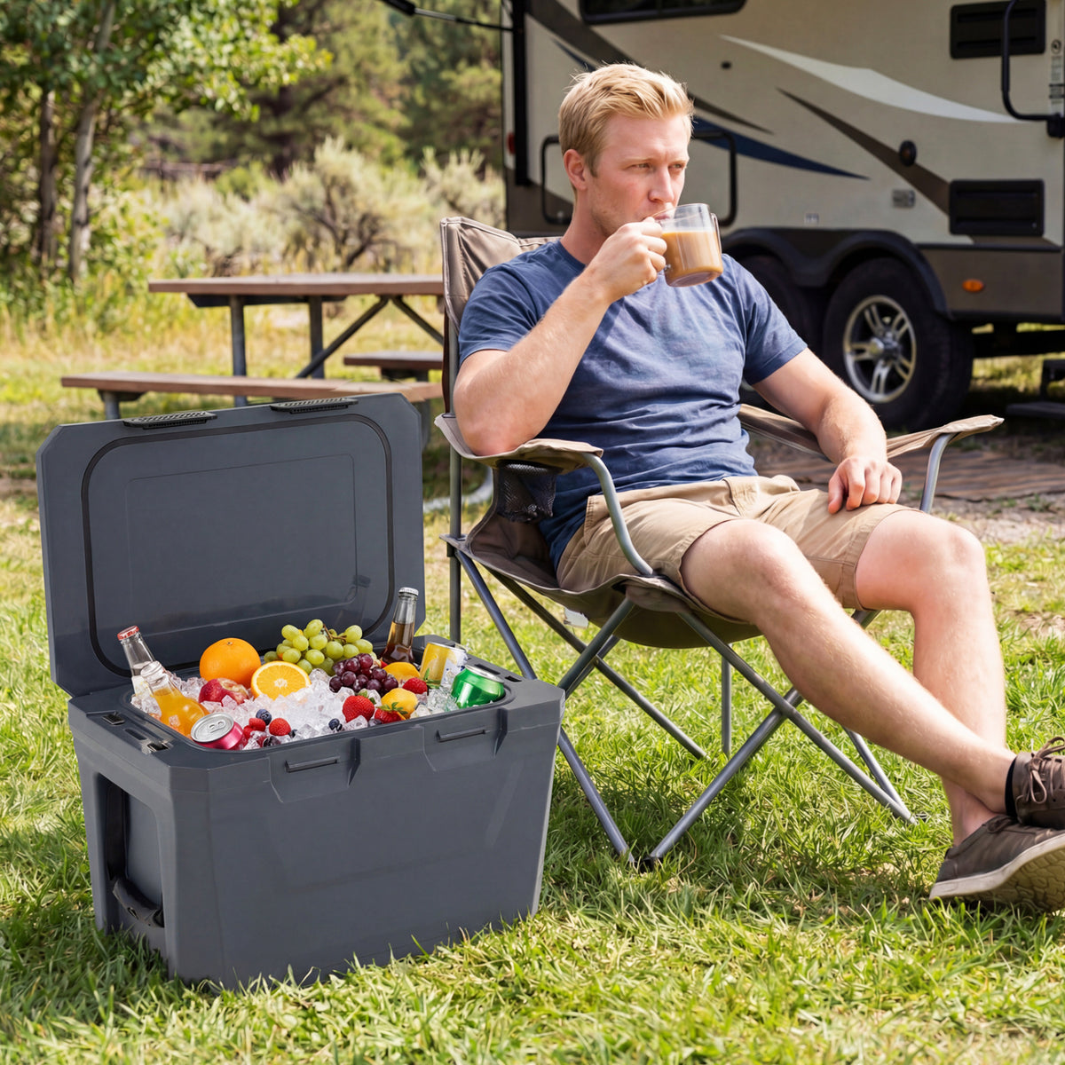 Insulated Portable Cooler Hard Shell Ice Chest with 2 Cup Holders Bottle Opener and Drain Plug-Gray
