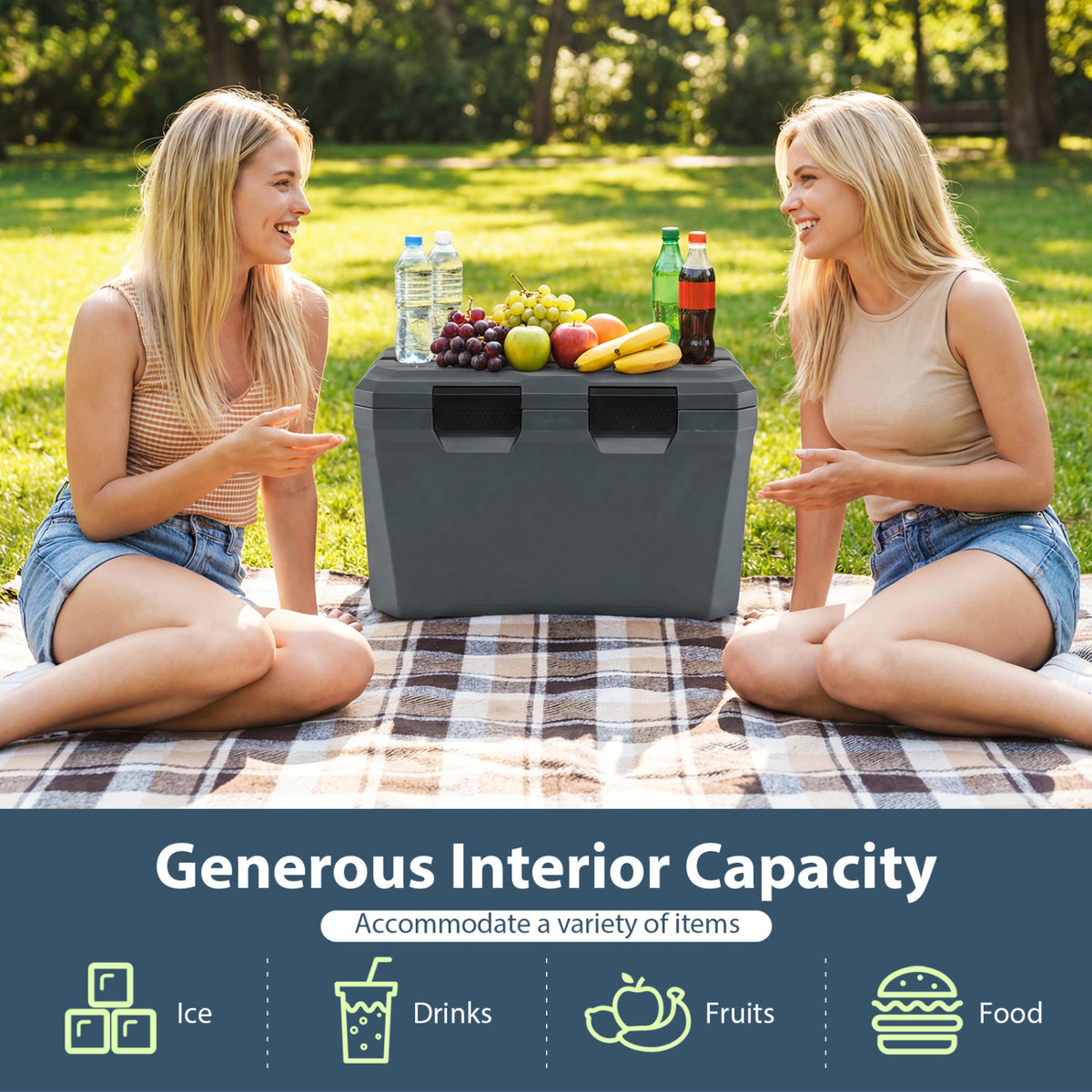 Insulated Portable Cooler Hard Shell Ice Chest with 2 Cup Holders Bottle Opener and Drain Plug-Gray