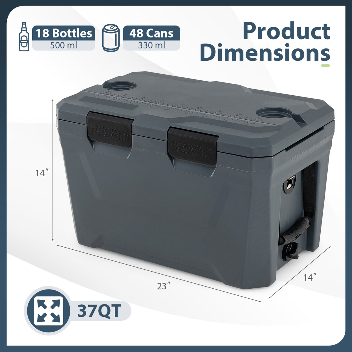 Insulated Portable Cooler Hard Shell Ice Chest with 2 Cup Holders Bottle Opener and Drain Plug-Gray