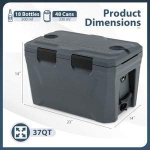 Insulated Portable Cooler Hard Shell Ice Chest with 2 Cup Holders Bottle Opener and Drain Plug-Gray