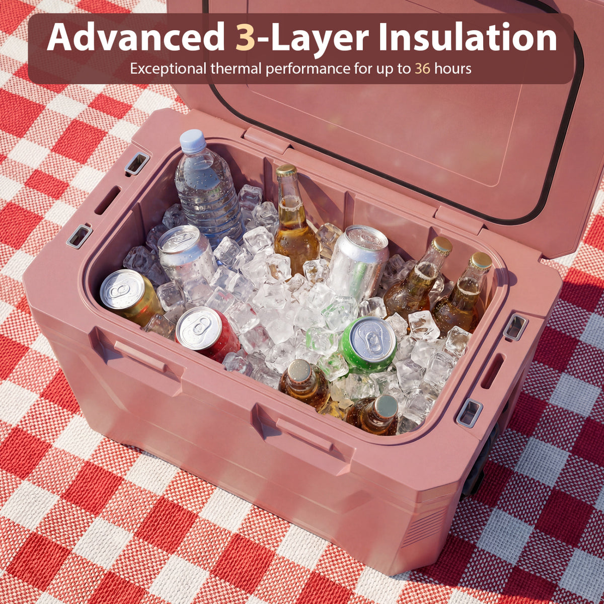 Insulated Portable Cooler Hard Shell Ice Chest with 2 Cup Holders Bottle Opener and Drain Plug-Pink