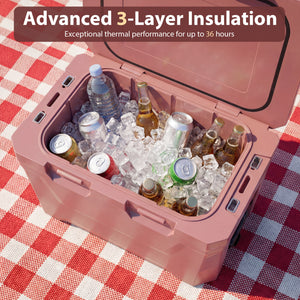 Insulated Portable Cooler Hard Shell Ice Chest with 2 Cup Holders Bottle Opener and Drain Plug-Pink