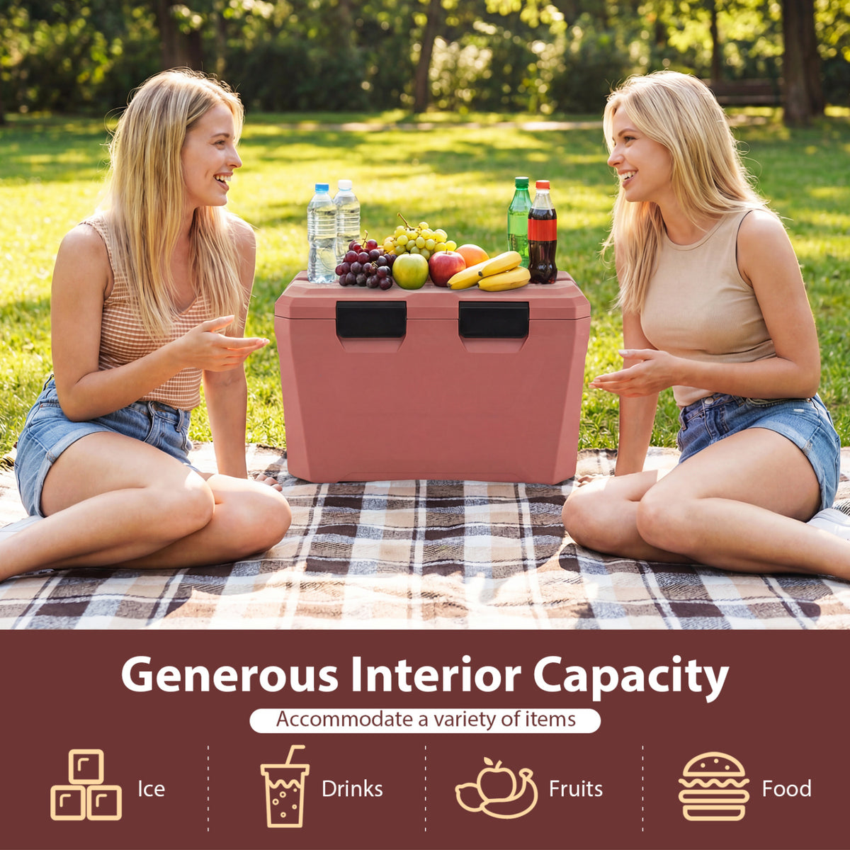 Insulated Portable Cooler Hard Shell Ice Chest with 2 Cup Holders Bottle Opener and Drain Plug-Pink