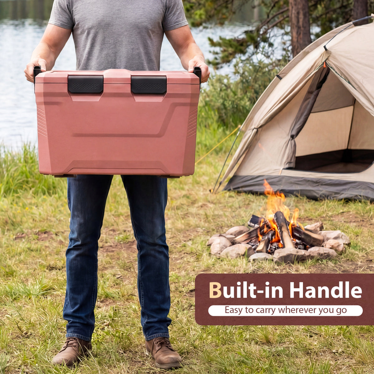 Insulated Portable Cooler Hard Shell Ice Chest with 2 Cup Holders Bottle Opener and Drain Plug-Pink