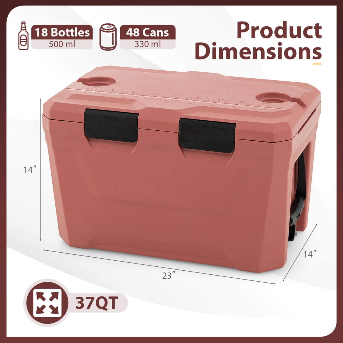 Insulated Portable Cooler Hard Shell Ice Chest with 2 Cup Holders Bottle Opener and Drain Plug-Pink