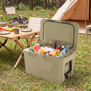 Insulated Portable Cooler Hard Shell Ice Chest with 2 Cup Holders Bottle Opener and Drain Plug-Sand Color