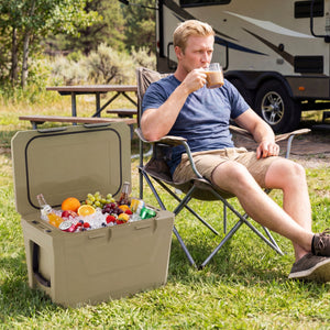 Insulated Portable Cooler Hard Shell Ice Chest with 2 Cup Holders Bottle Opener and Drain Plug-Sand Color