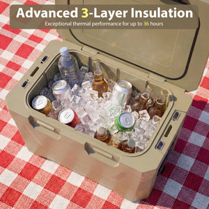 Insulated Portable Cooler Hard Shell Ice Chest with 2 Cup Holders Bottle Opener and Drain Plug-Sand Color