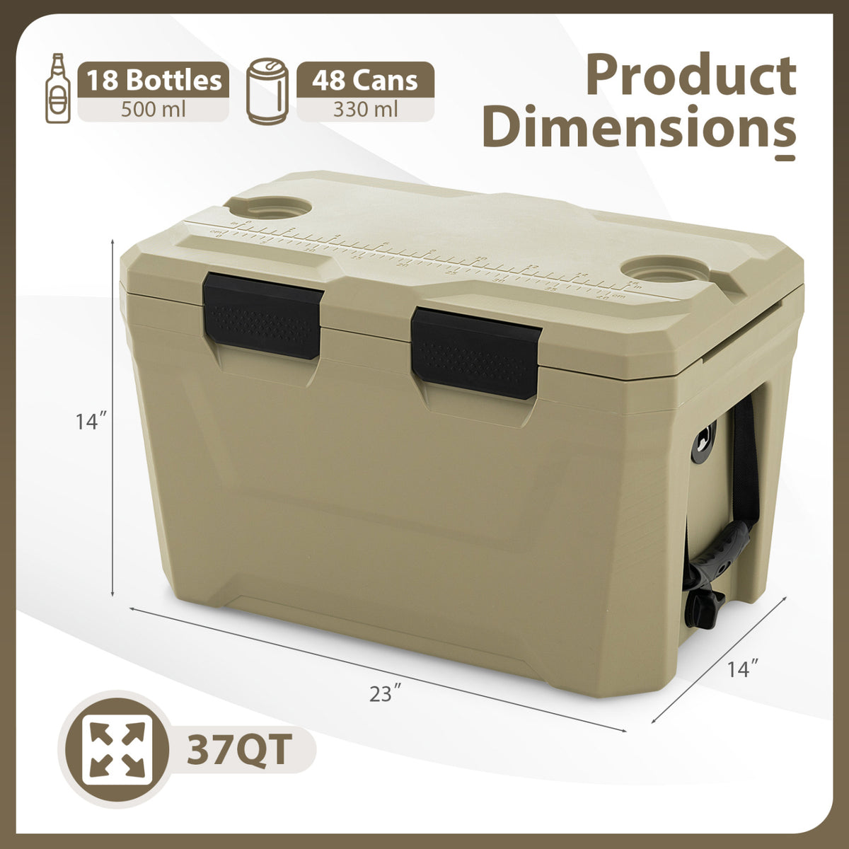 Insulated Portable Cooler Hard Shell Ice Chest with 2 Cup Holders Bottle Opener and Drain Plug-Sand Color