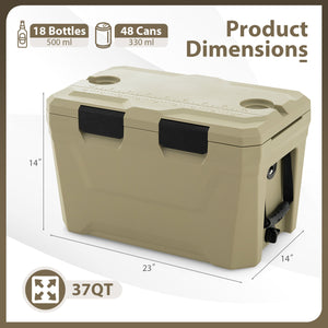Insulated Portable Cooler Hard Shell Ice Chest with 2 Cup Holders Bottle Opener and Drain Plug-Sand Color
