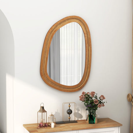 33 Inches x 23.5 Inches Irregular PVC Rattan Wall Mirror with Wooden Frame-Natural