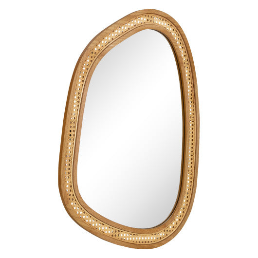 33 Inches x 23.5 Inches Irregular PVC Rattan Wall Mirror with Wooden Frame-Natural