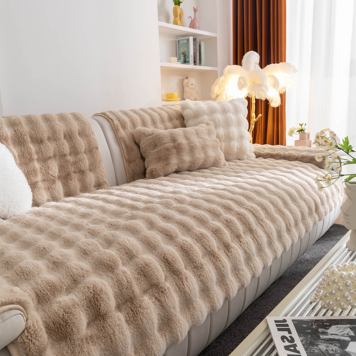 Thick Sofa Cushion Solid Color Faux Fur Fluffy Sofa Cushion Non-Slip Couch Covers