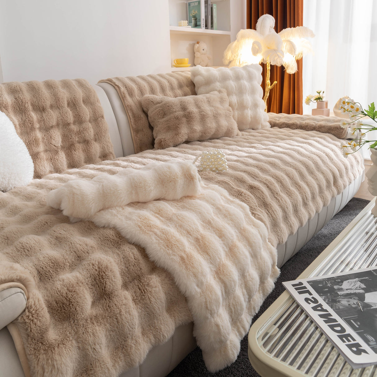 Thick Sofa Cushion Solid Color Faux Fur Fluffy Sofa Cushion Non-Slip Couch Covers