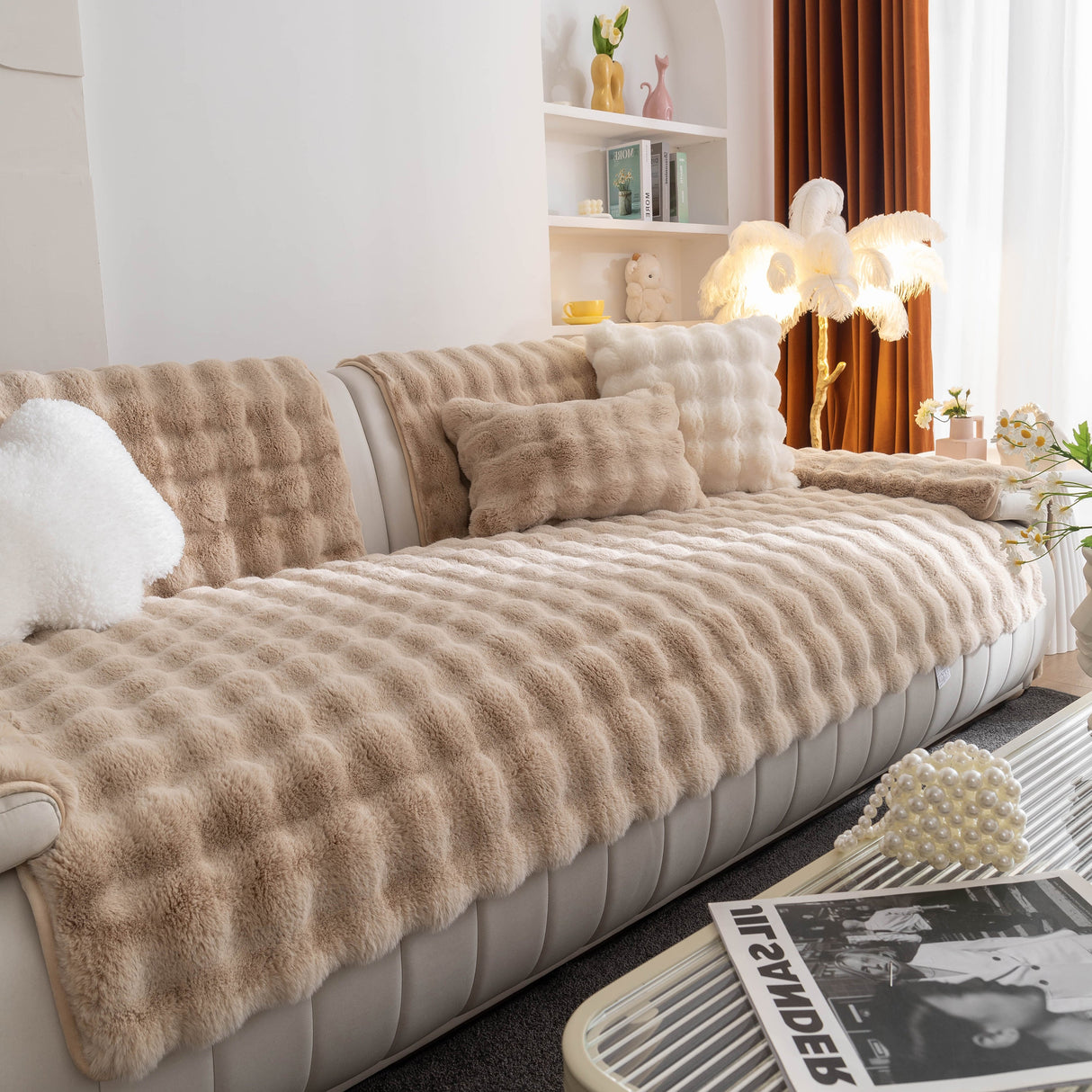 Thick Sofa Cushion Solid Color Faux Fur Fluffy Sofa Cushion Non-Slip Couch Covers