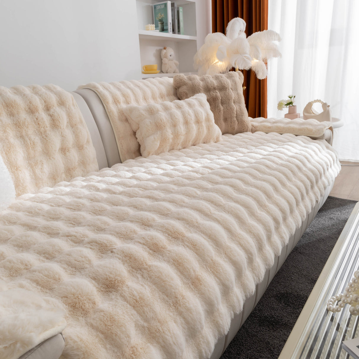 Thick Sofa Cushion Solid Color Faux Fur Fluffy Sofa Cushion Non-Slip Couch Covers