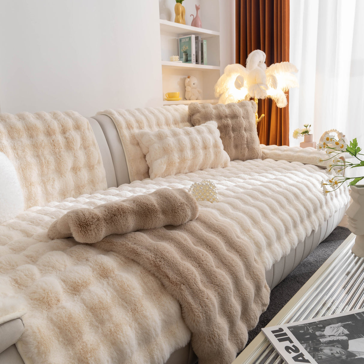 Thick Sofa Cushion Solid Color Faux Fur Fluffy Sofa Cushion Non-Slip Couch Covers