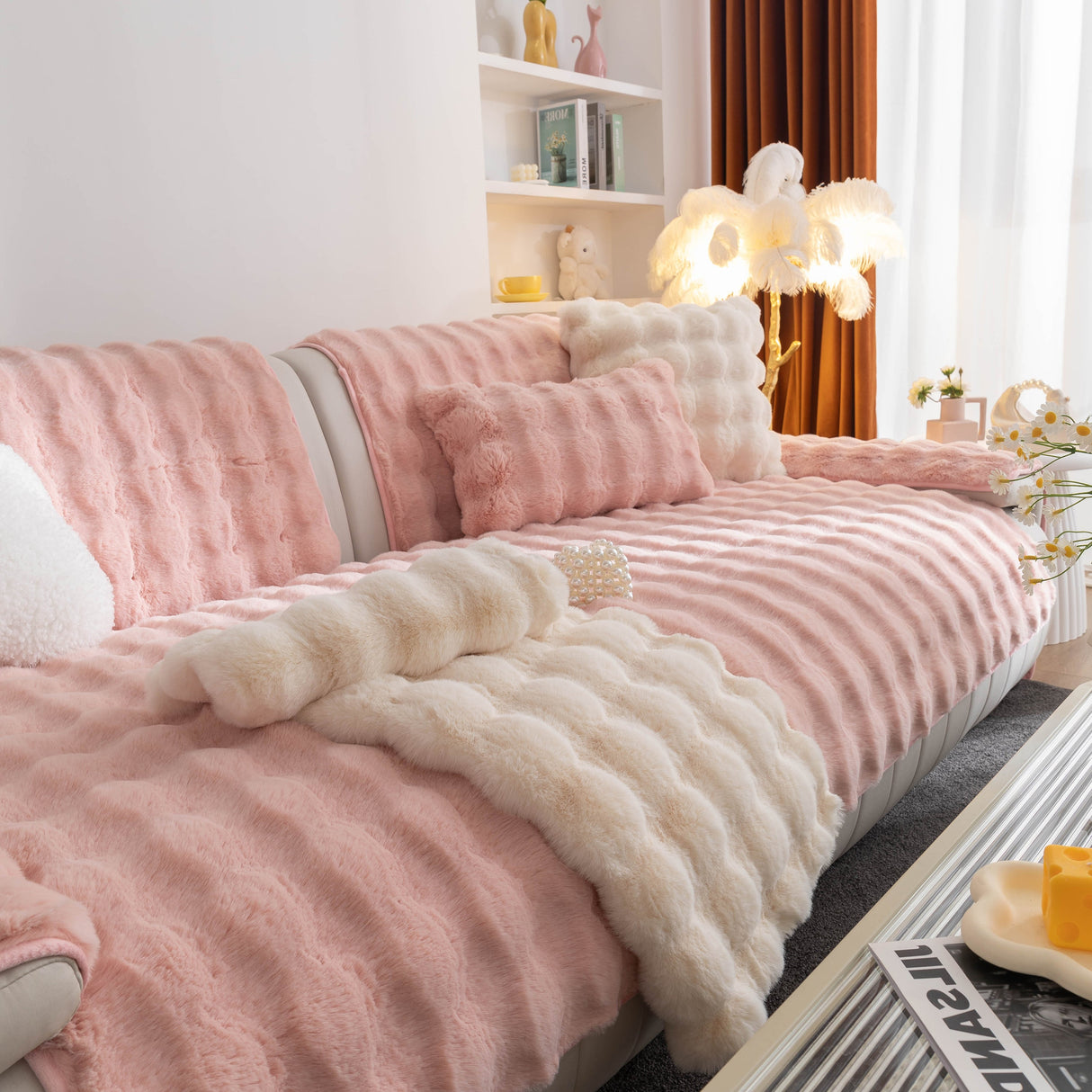 Thick Sofa Cushion Solid Color Faux Fur Fluffy Sofa Cushion Non-Slip Couch Covers