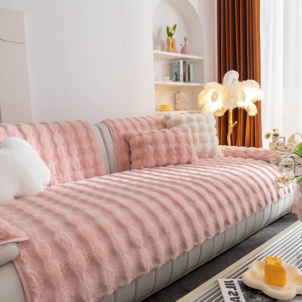 Thick Sofa Cushion Solid Color Faux Fur Fluffy Sofa Cushion Non-Slip Couch Covers