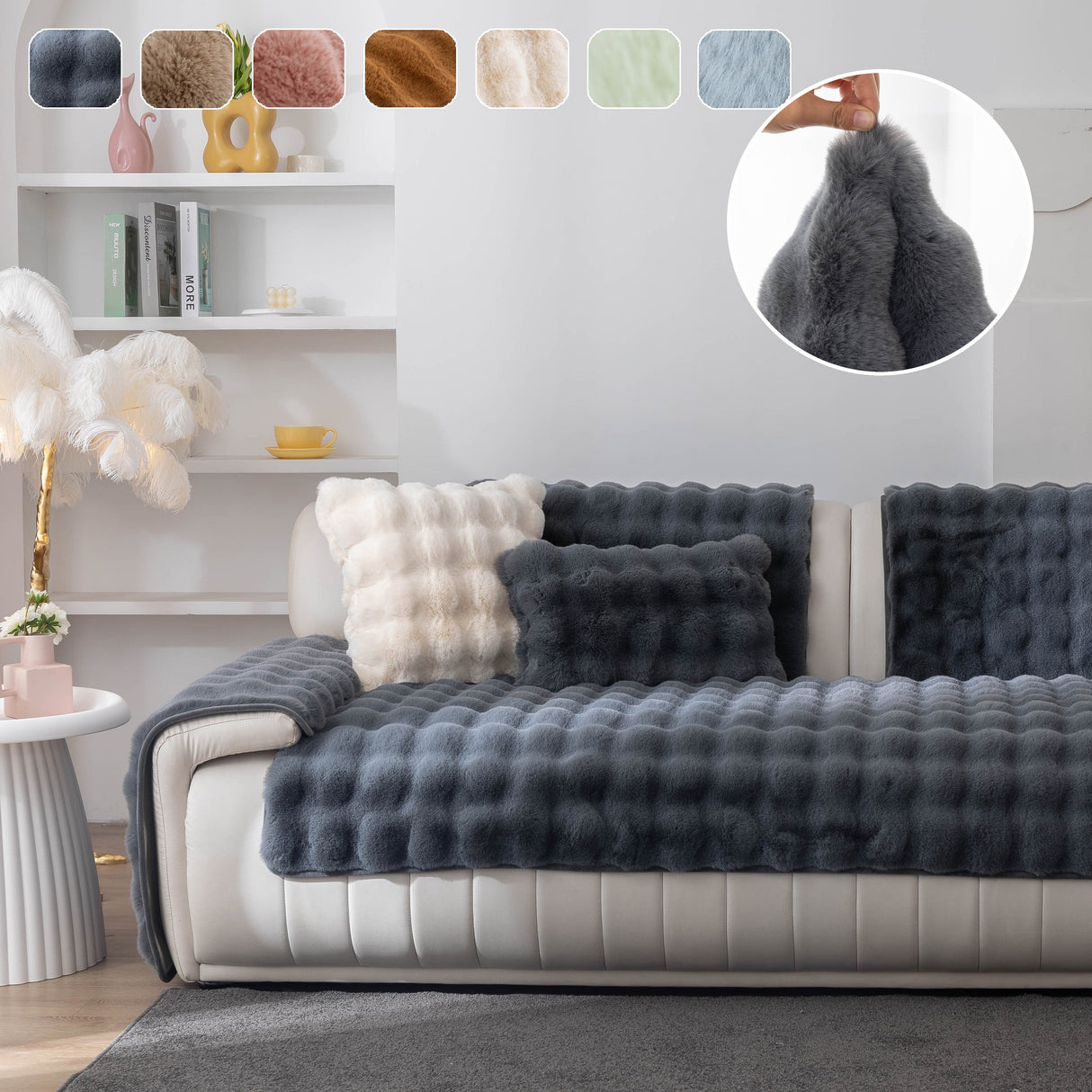 Thick Sofa Cushion Solid Color Faux Fur Fluffy Sofa Cushion Non-Slip Couch Covers