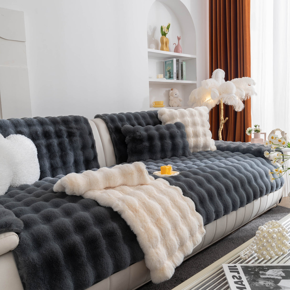 Thick Sofa Cushion Solid Color Faux Fur Fluffy Sofa Cushion Non-Slip Couch Covers