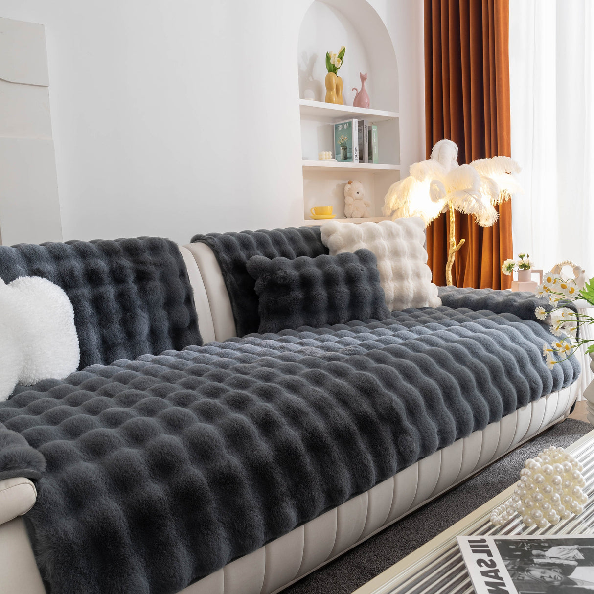 Thick Sofa Cushion Solid Color Faux Fur Fluffy Sofa Cushion Non-Slip Couch Covers