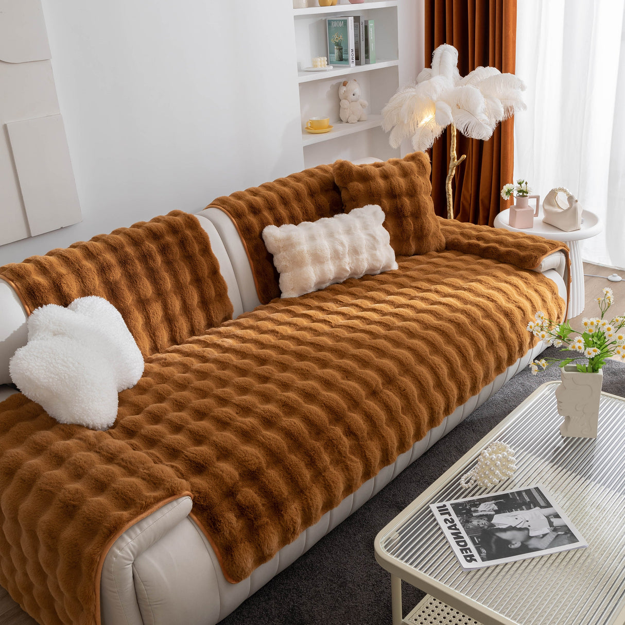 Thick Sofa Cushion Solid Color Faux Fur Fluffy Sofa Cushion Non-Slip Couch Covers