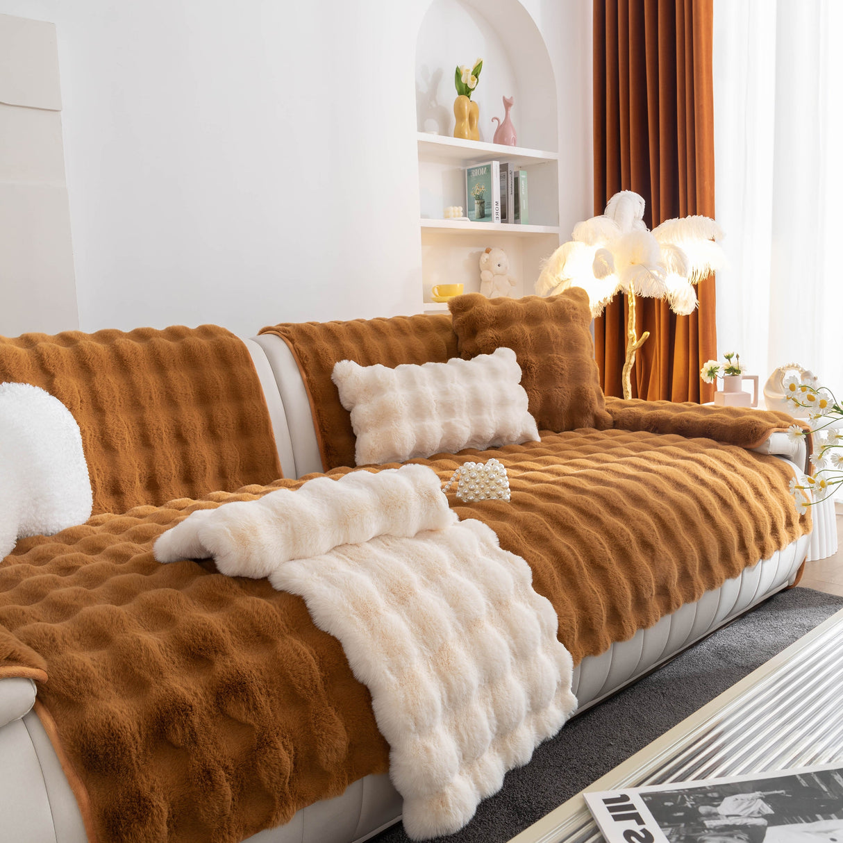 Thick Sofa Cushion Solid Color Faux Fur Fluffy Sofa Cushion Non-Slip Couch Covers