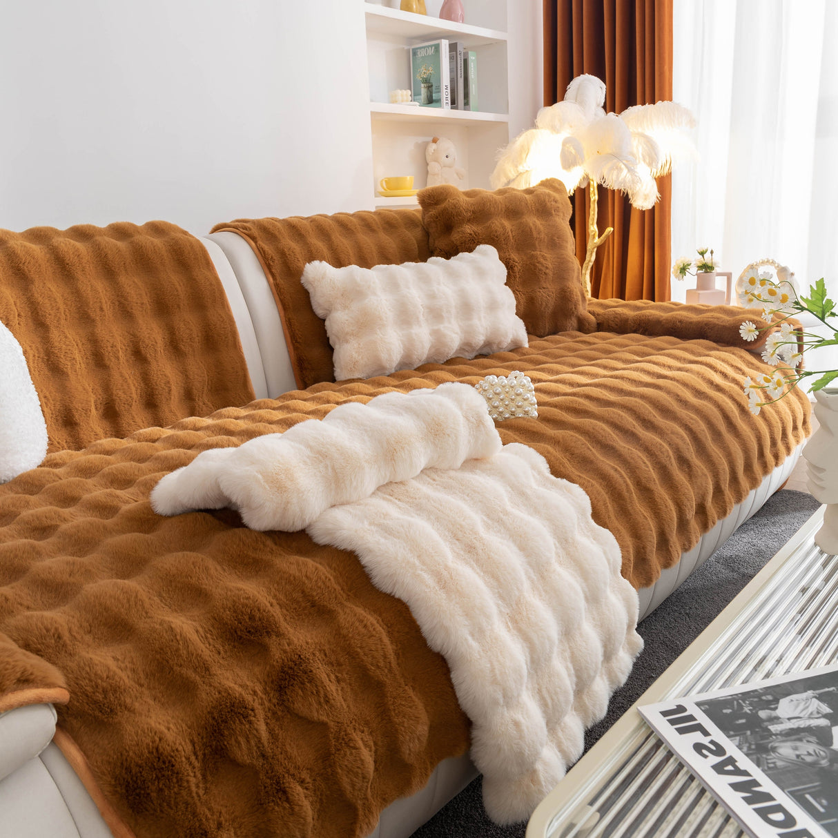 Thick Sofa Cushion Solid Color Faux Fur Fluffy Sofa Cushion Non-Slip Couch Covers