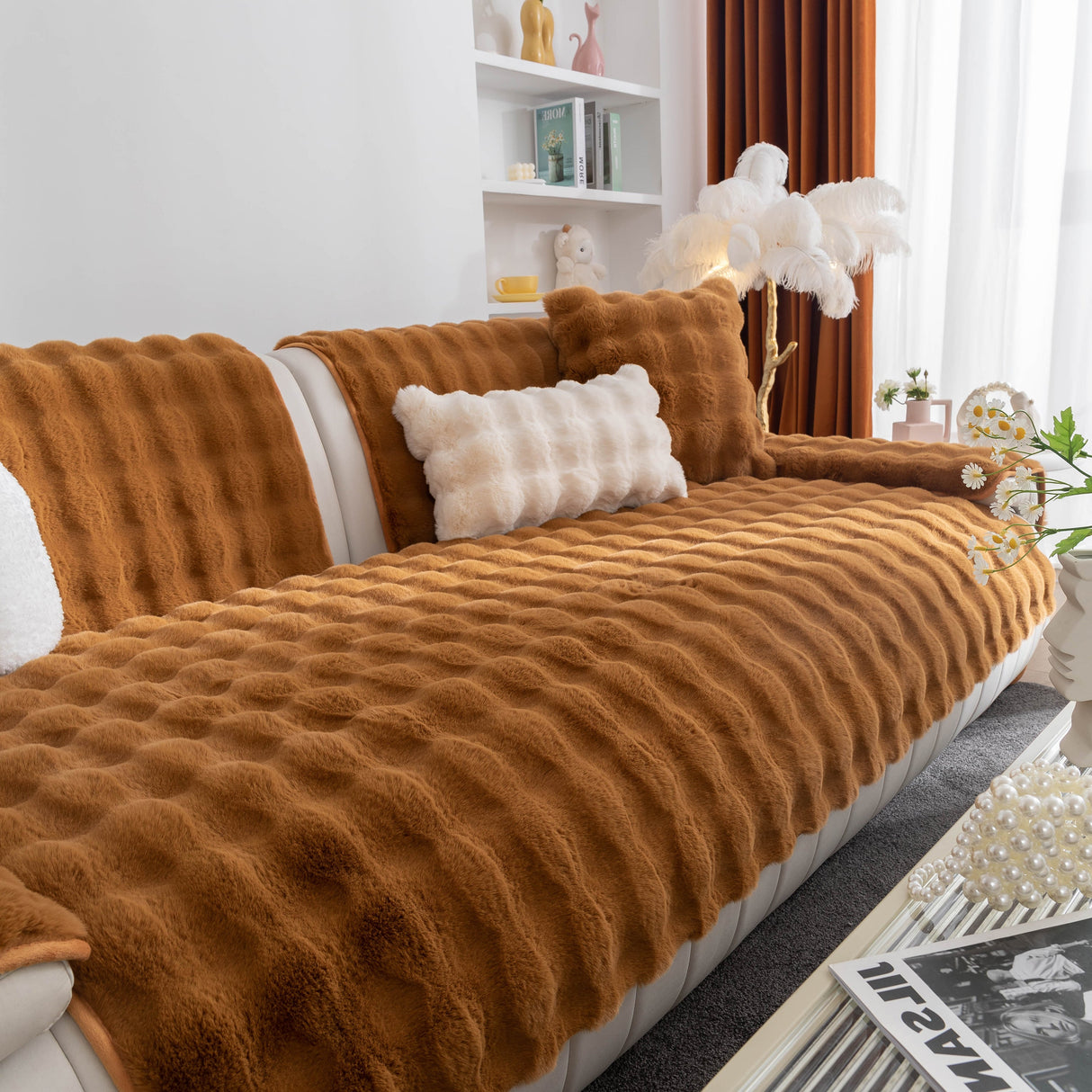 Thick Sofa Cushion Solid Color Faux Fur Fluffy Sofa Cushion Non-Slip Couch Covers