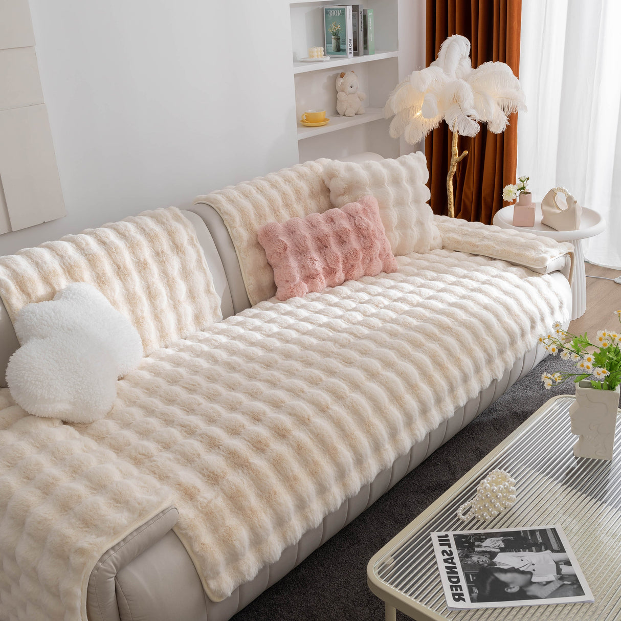 Thick Sofa Cushion Solid Color Faux Fur Fluffy Sofa Cushion Non-Slip Couch Covers