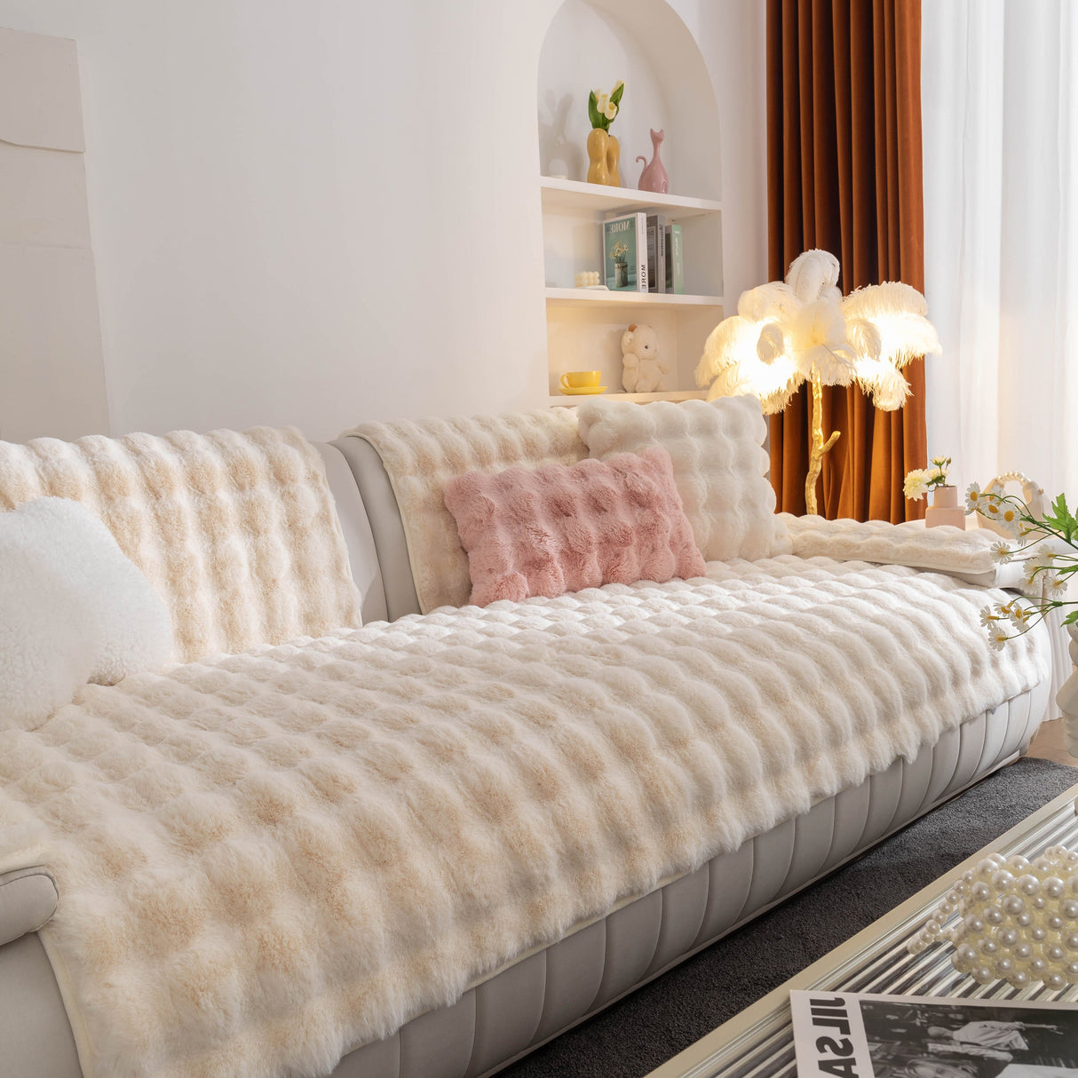 Thick Sofa Cushion Solid Color Faux Fur Fluffy Sofa Cushion Non-Slip Couch Covers