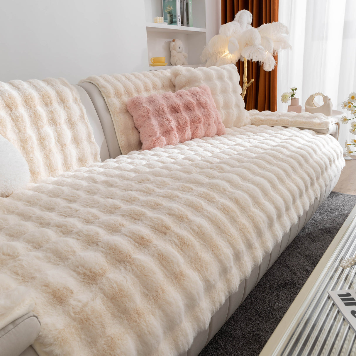 Thick Sofa Cushion Solid Color Faux Fur Fluffy Sofa Cushion Non-Slip Couch Covers