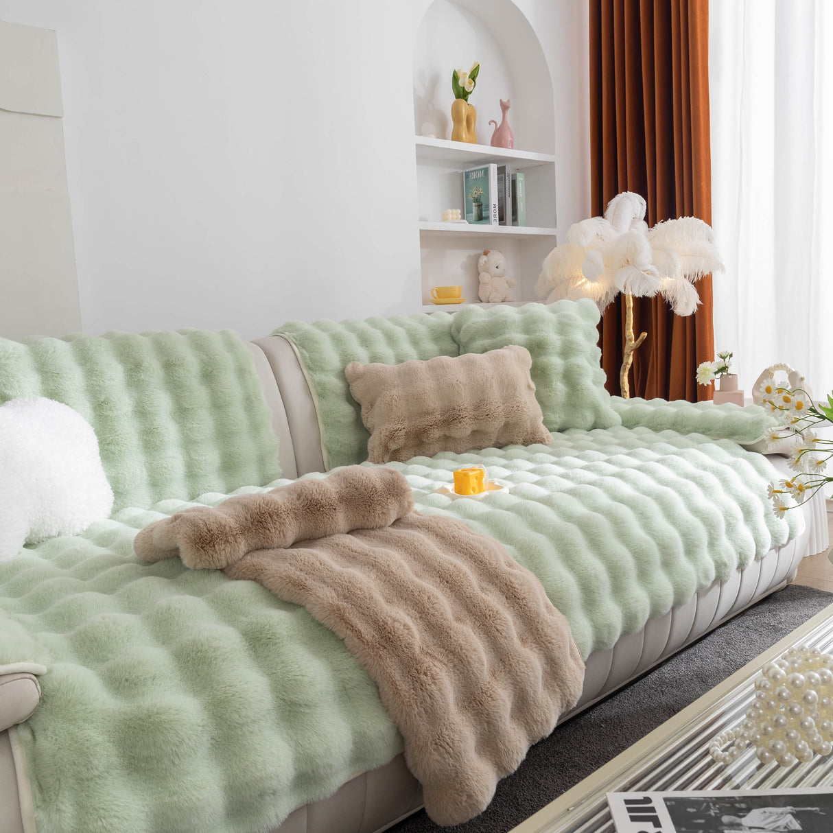 Thick Sofa Cushion Solid Color Faux Fur Fluffy Sofa Cushion Non-Slip Couch Covers