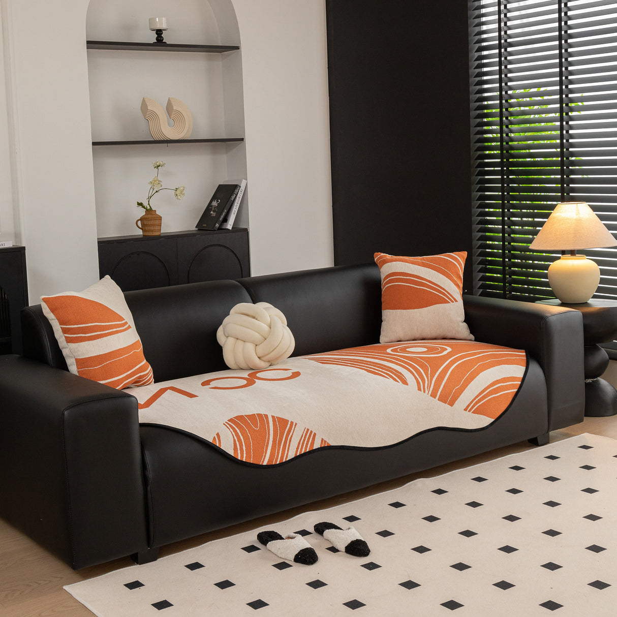 Abstract Art Sofa Cover with Wave Edge, Non Slip Couch Cover for Stylish Homes