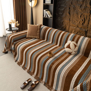 Cozy Decorative Throw Blanket for Couches, Boho Plush Woven Sofa Cover with Stripes