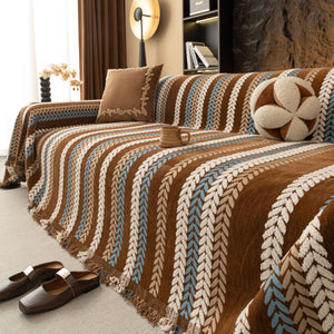 Cozy Decorative Throw Blanket for Couches, Boho Plush Woven Sofa Cover with Stripes