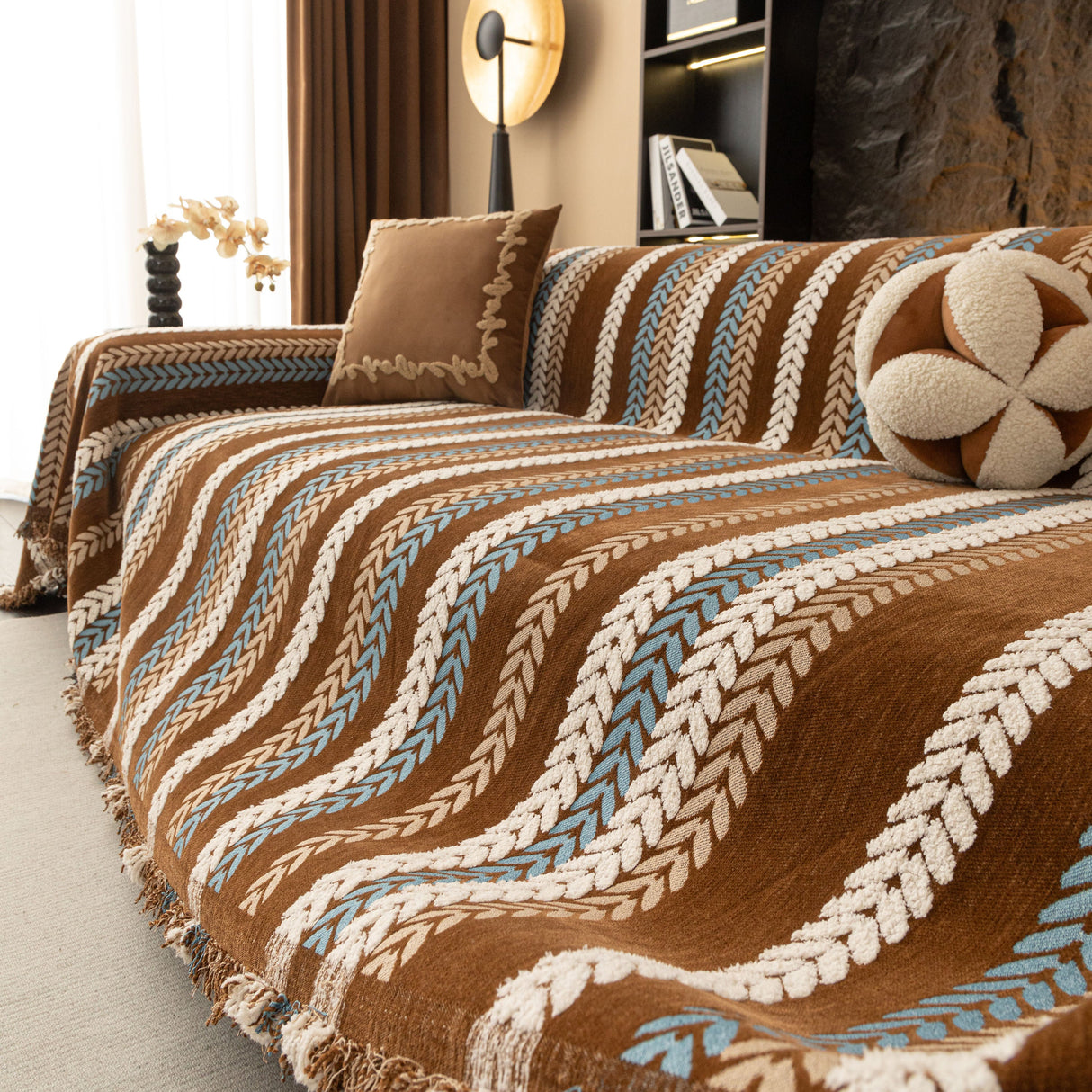 Cozy Decorative Throw Blanket for Couches, Boho Plush Woven Sofa Cover with Stripes