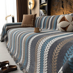 Cozy Decorative Throw Blanket for Couches, Boho Plush Woven Sofa Cover with Stripes