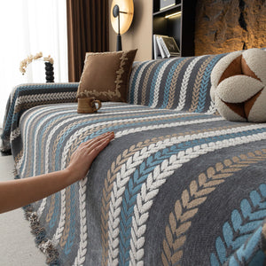 Cozy Decorative Throw Blanket for Couches, Boho Plush Woven Sofa Cover with Stripes