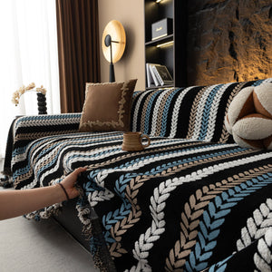 Cozy Decorative Throw Blanket for Couches, Boho Plush Woven Sofa Cover with Stripes