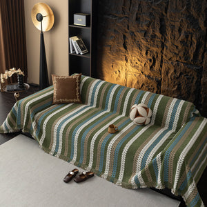 Cozy Decorative Throw Blanket for Couches, Boho Plush Woven Sofa Cover with Stripes