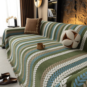 Cozy Decorative Throw Blanket for Couches, Boho Plush Woven Sofa Cover with Stripes