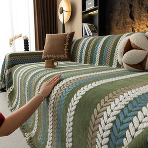 Cozy Decorative Throw Blanket for Couches, Boho Plush Woven Sofa Cover with Stripes