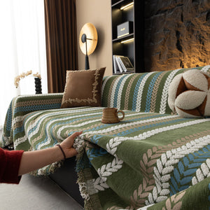 Cozy Decorative Throw Blanket for Couches, Boho Plush Woven Sofa Cover with Stripes