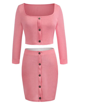 Buttoned Shoulder Off Long Sleeve Skirt Set